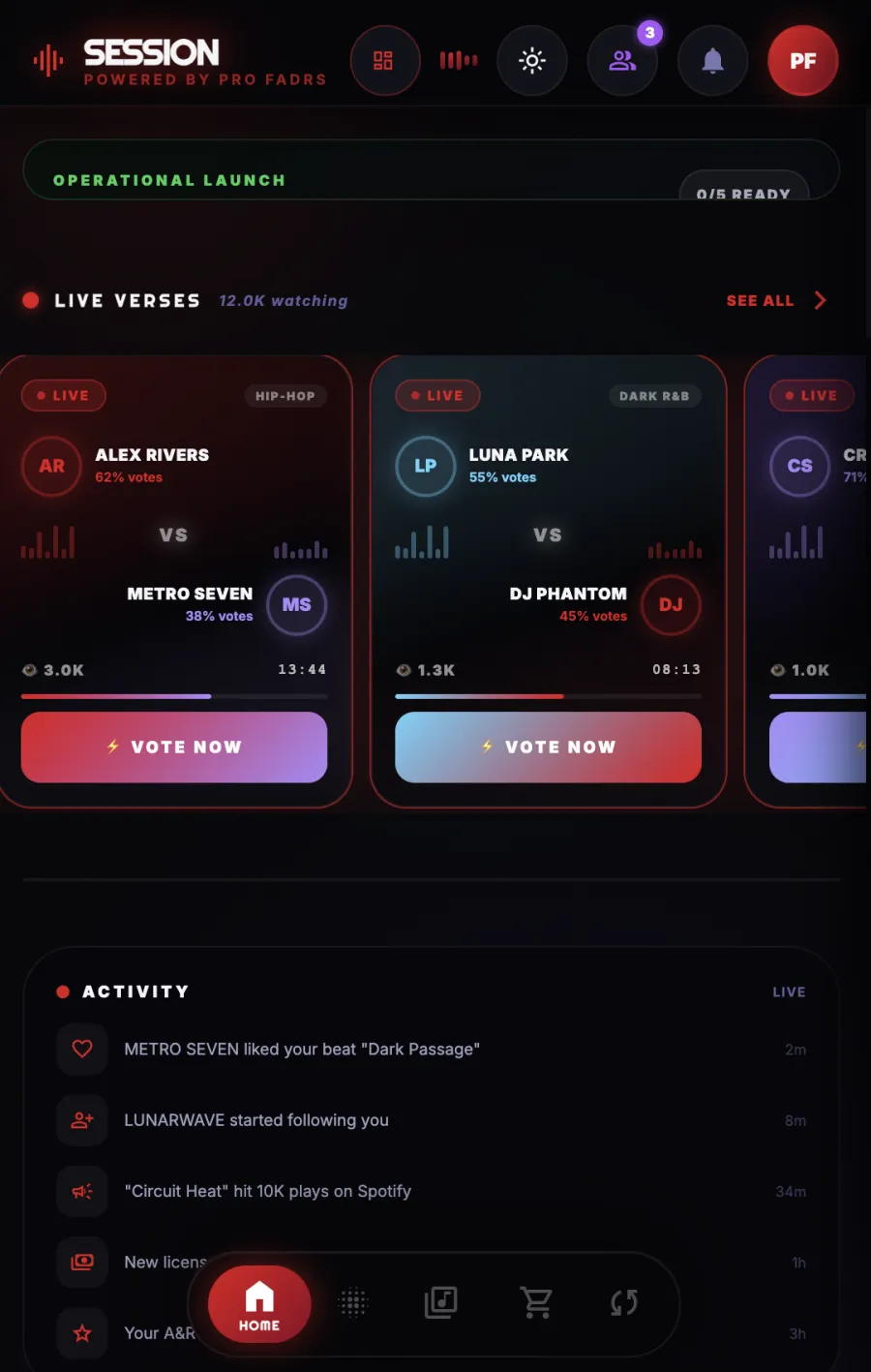 SESSION home screen showing live Verses, audience activity, and current opportunities