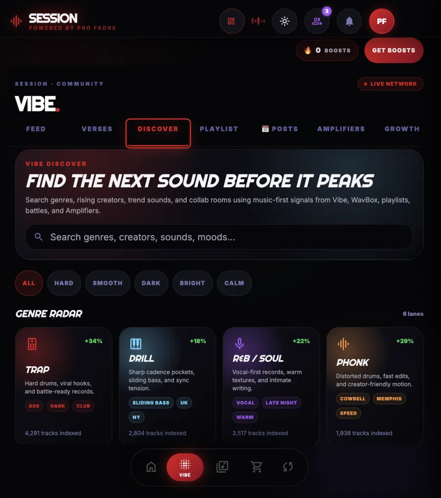 SESSION Vibe Discover screen showing genre radar and rising sound signals