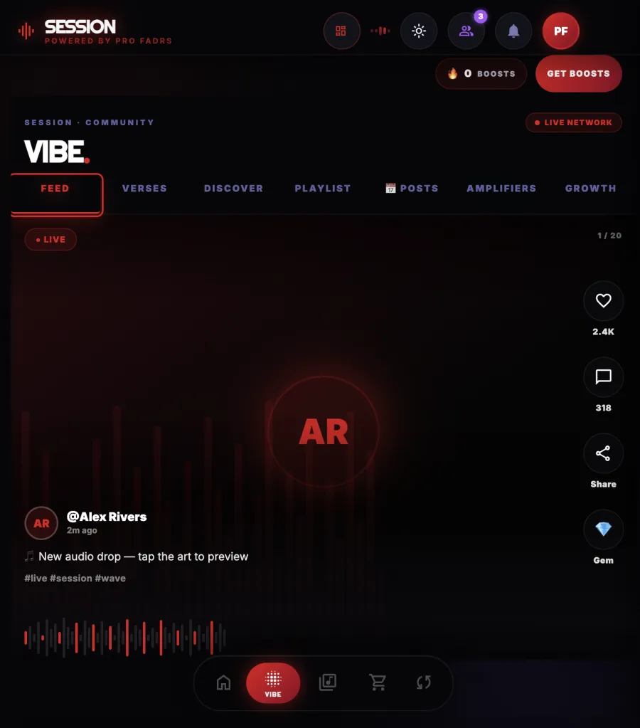 SESSION Vibe feed showing a creator audio post and social engagement controls