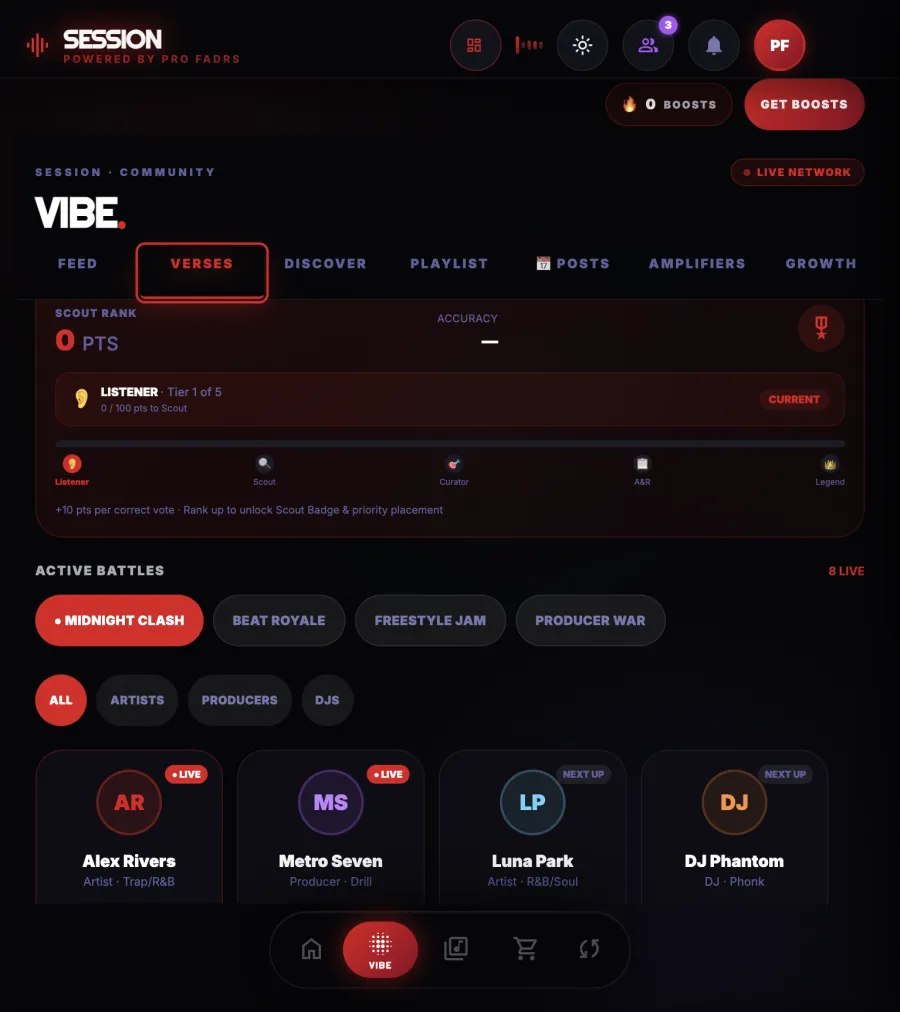 SESSION Vibe Verses screen showing scout rank, active battles, and live creators