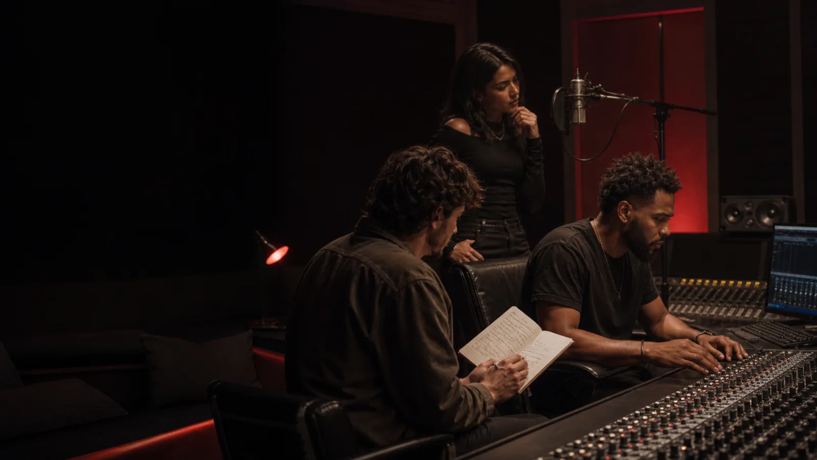 A producer, songwriter, and vocalist collaborating in a recording studio
